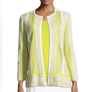Misook Mixed Stripe Knit Jacket Lime Green White Sz L